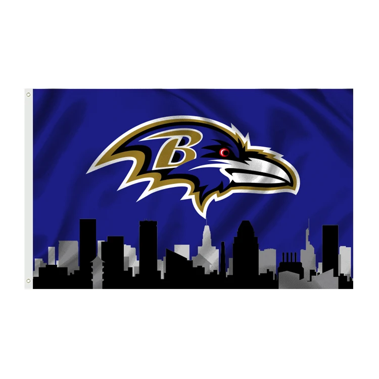 custom 5X3ft Wholesale factory sports banners all 32 teams american football club flags with City Silhouette for NFL teams