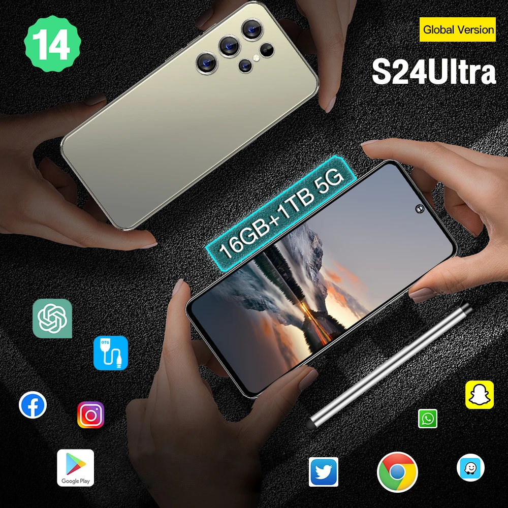 OEM S24 Ultra AI Cell Phone 16GB 1TB Smart Stylus New Arrival Wireless Charging Face ID 108MP Exquisite French English Smart