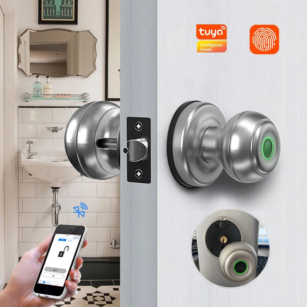 Kadonio Electric Bolt Round Finger Print Door Knob Mortise Latch Smart Door Locks Handle With Keys