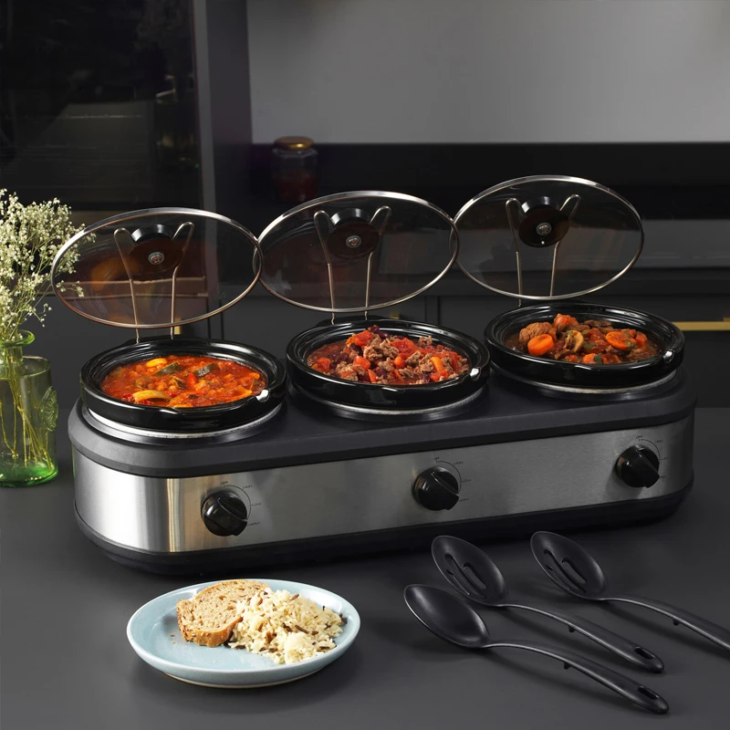 3 IN 1 3x1.5Qt 270W Round electric round ceramic pot Slow cooker with Removable Ceramic  for home use