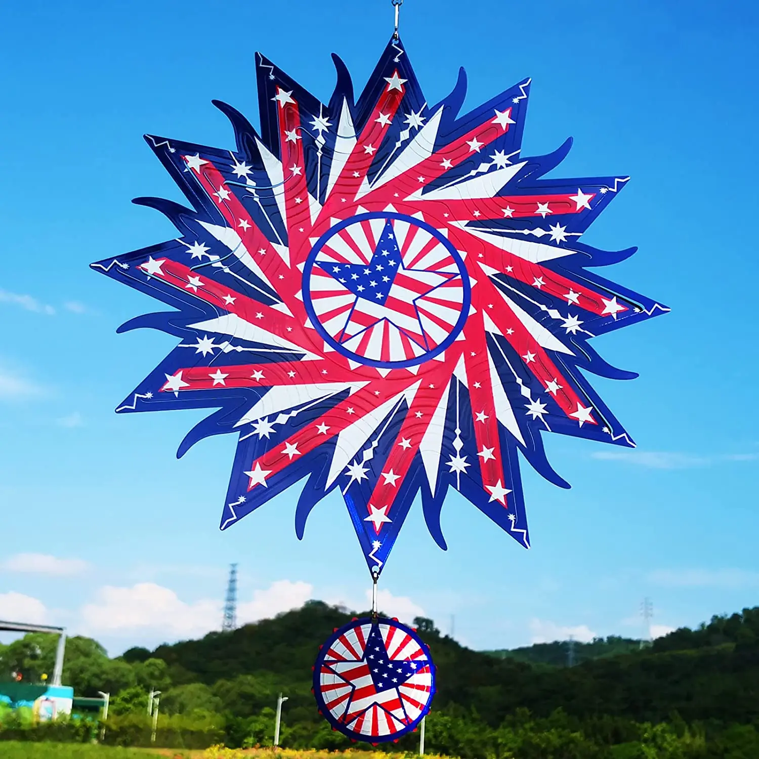 Sun Independence Day America Flag Decor Metal Hanging Colorful Spinner Decor Garden Flying Spinner for Patio Decor