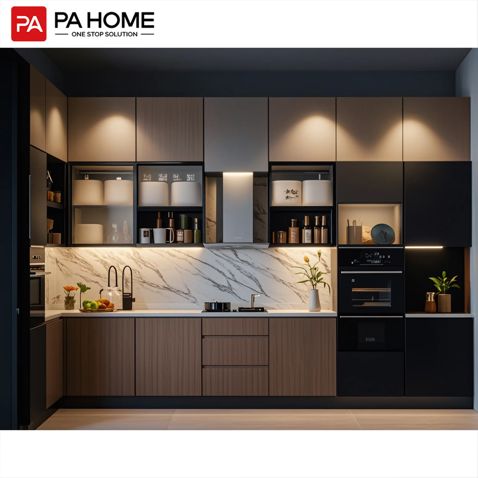 PA Wall Mounted Luxury White and Wood High Gloss Lacquer Kitchen Cabinet