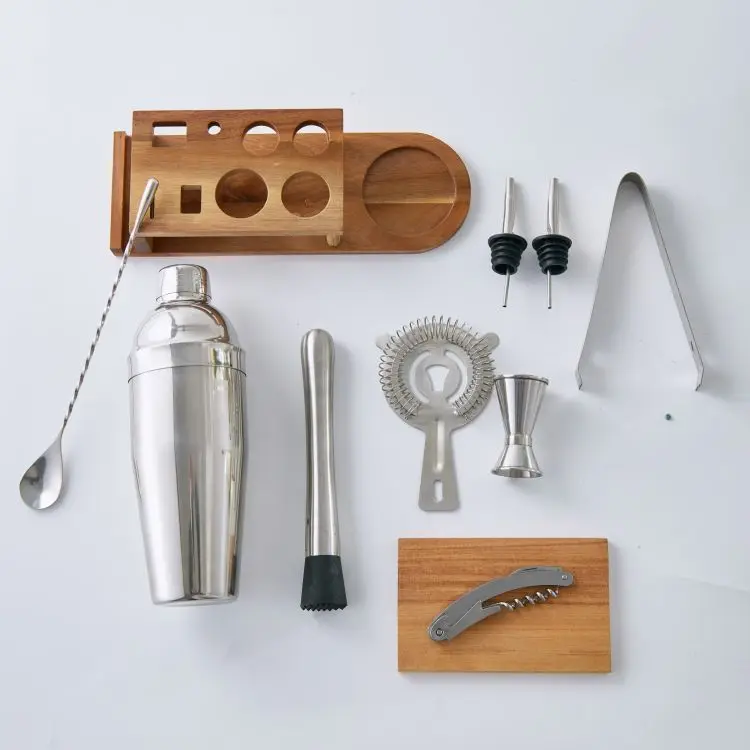 Customized 11-pieces Portable Bartender Kit Stainless Steel Bar Accessories Cocktail Shaker Gift Set