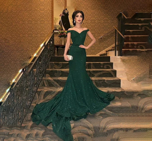 Green Evening Dress Halter Mermaid Long Evening Gown Elegant Glitter Sequin Pattern Formal Party Women Emerald Dress