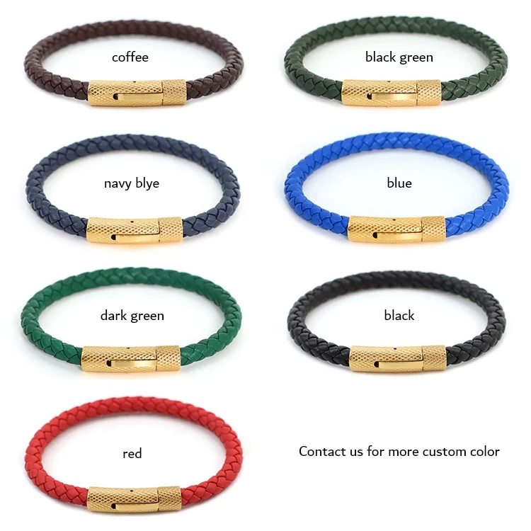 Fashion Simple Men Leather Bracelet 6mm Dark Green Leather Bracelet Stainless Steel Buckle Leather Wrap Bracelet for Boy Gift