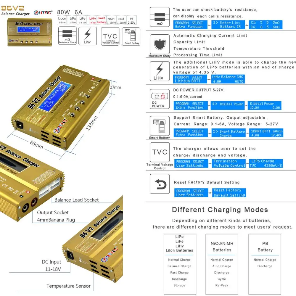 
HOT HTRC B6 V2 80W 6A Professional Digital Lipo Battery Balance Charger 6s lipo charger better than Imax B6 