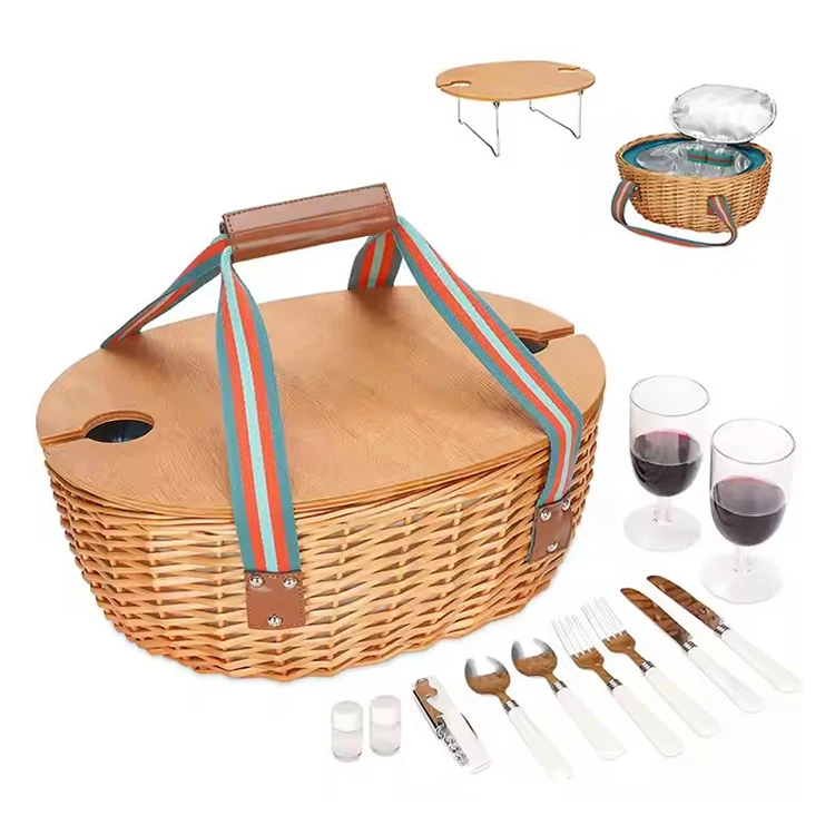 Foldable Bamboo Wine Table Picnic Basket Sets Picnic Kit Bamboo Vine Natural Wicker Basket For Outdoor Party