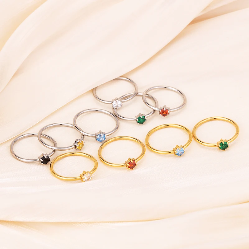 Women Engagement Fashion Stainless Steel Jewelry Rings 18K Gold Plated Six Claws Round Colorful Zircon Wedding Ring For Women
