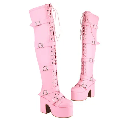 Customized Luxury Sexy nightclubs  round head  high boots in pole dancing  belt buckle platform chunky knee-high boots boots