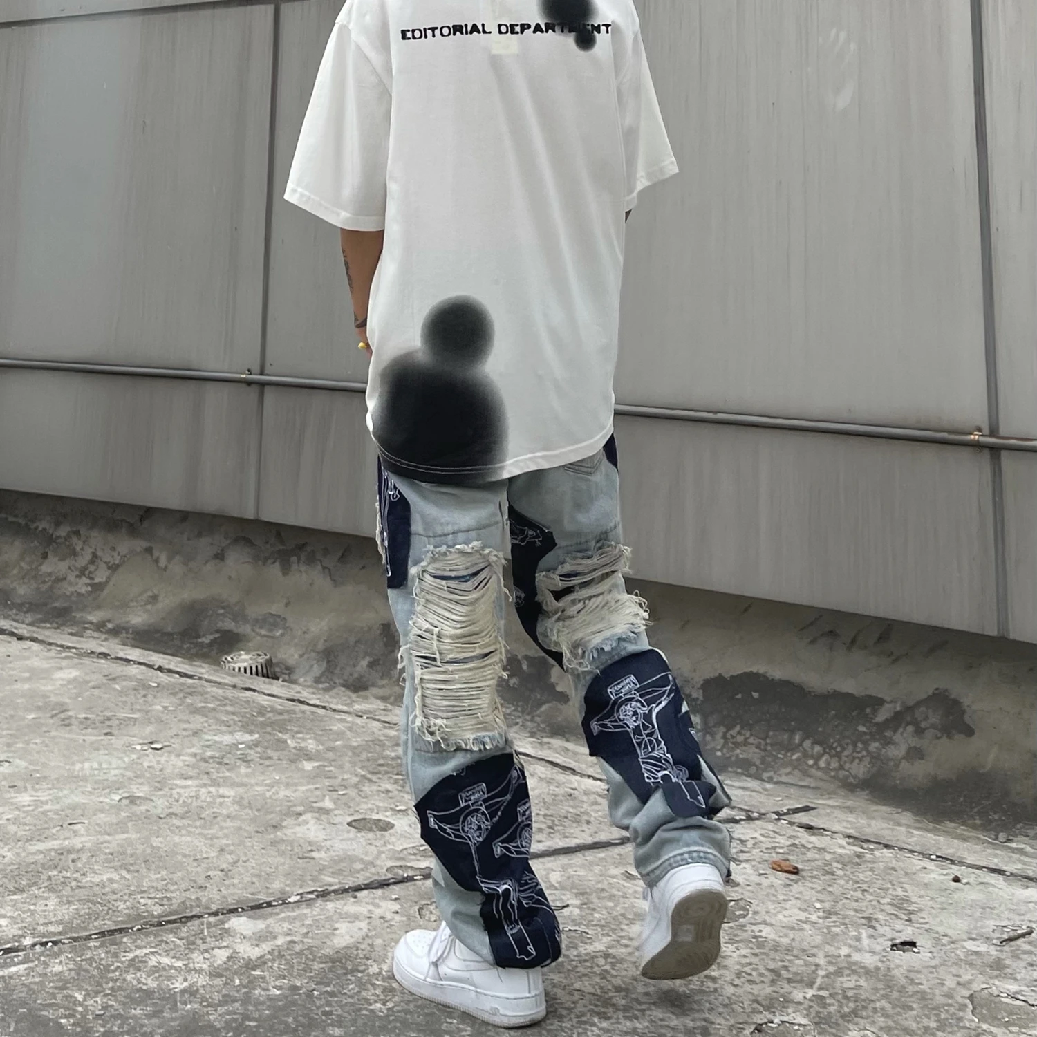 NVFelix Latest Design Distressed Ripped Patchwork Color Block Denim Pants Wholesale Vintage Repaired  Regular Fit Jeans For Men