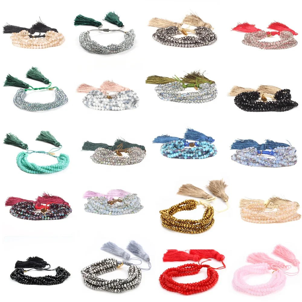 Moyamiya Boho Jewelry Multistrand 4mm Crystal Beaded 6 Layers Bohemian Tassel Bracelet Women