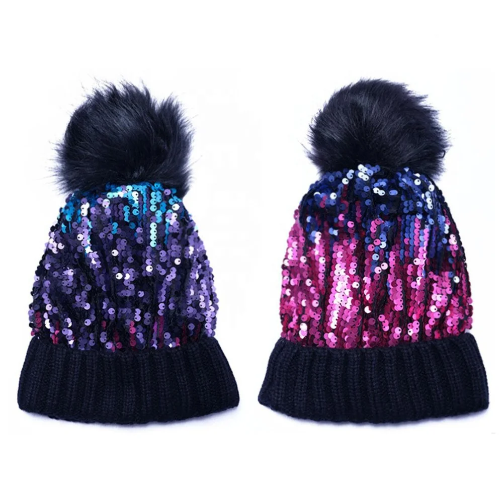 Custom Womens Beanie Hat Spangle Bling Knit Winter Beanie Women Pom Pom Bobble Hat Winter Hats For Women Beanie