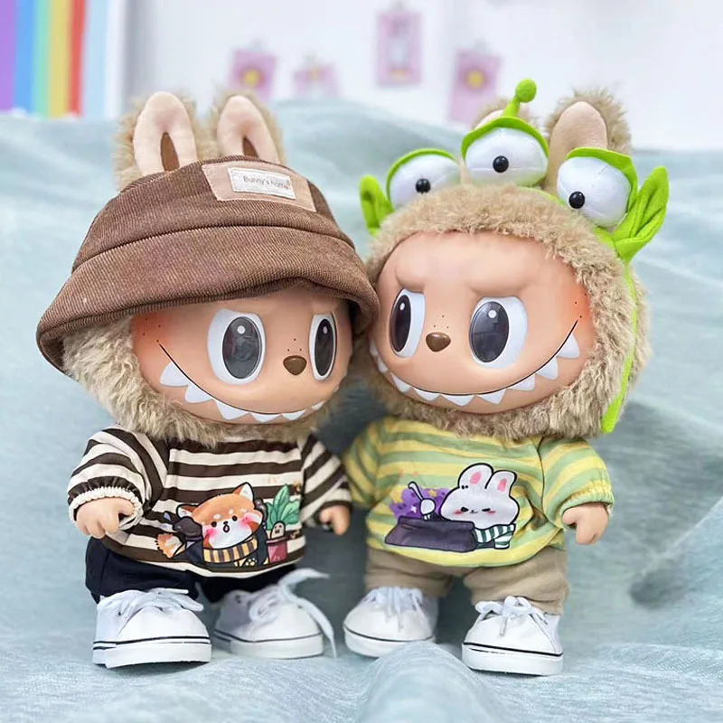 2250 38cm Vinyl Plush Replacement Labubu Doll Striped Animal Shirt Suit Cute Dress Outfit Clothes Only Labubu