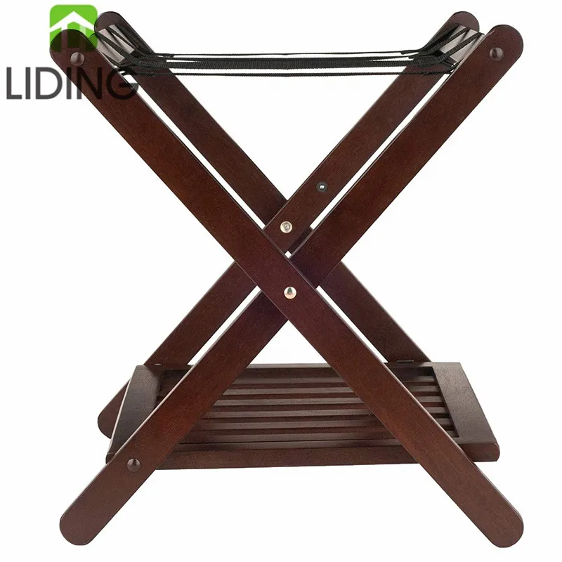 Foldable Luggage Rack with a Lower Shelf Hotel Room Bamboo Folding Luggage Storage Standing Rack