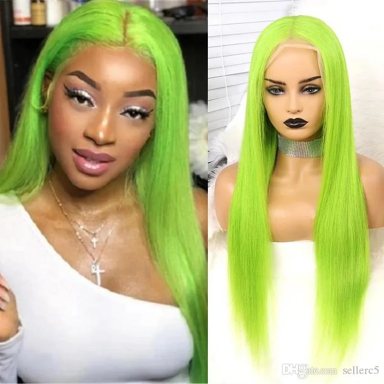 Green Human Hair Lace Front Wig Straight Long Colorful Virgin Hair Lace Wig Glueless 13X6 Lace Front Wig for Women