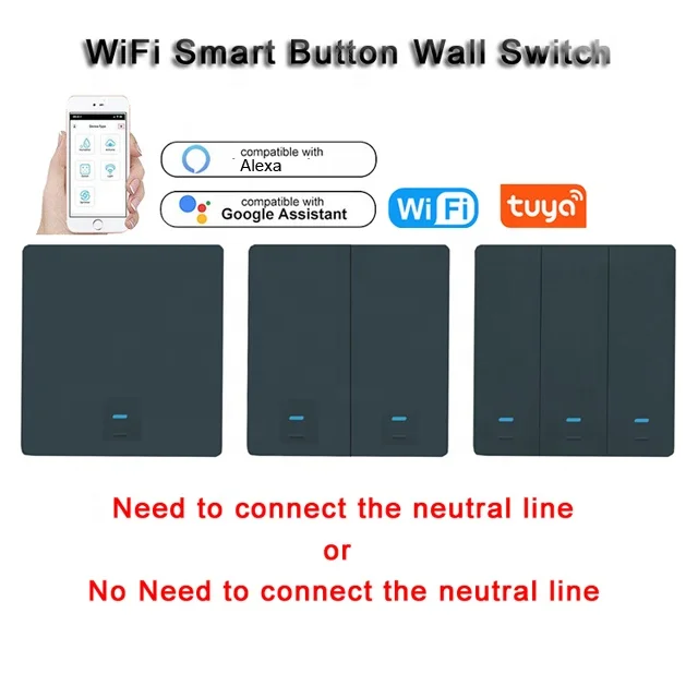 OEM  1 2 3  UK EU Smart Remote Control Switches Wifi No Neutral Light on off 220V Alexa Tuya Black on off  Push Button Switch