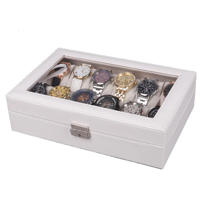 
12 Slots Oem luxury custom white pu leather watch storage display box ladies watch packaging gift box with pillow 