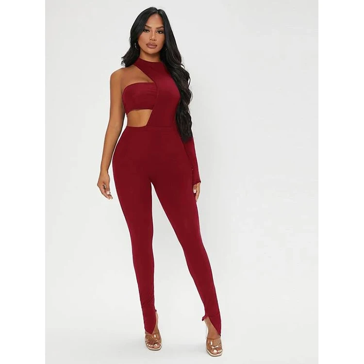 Sexy Hollow Out Mock Neck Bandage Cut Out Crop Red Tube Top Women Split Skinny Bodycon Jumpsuit