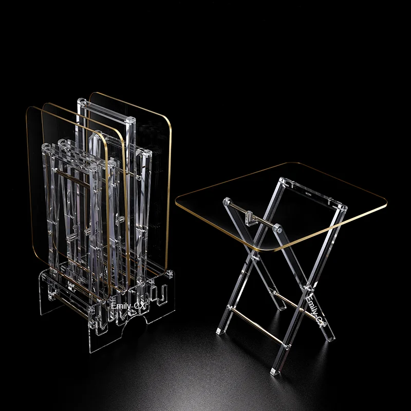 Оптовая Продажа с фабрики современный дизайн прозрачный акриловый складной журнальный столик золотым ободом