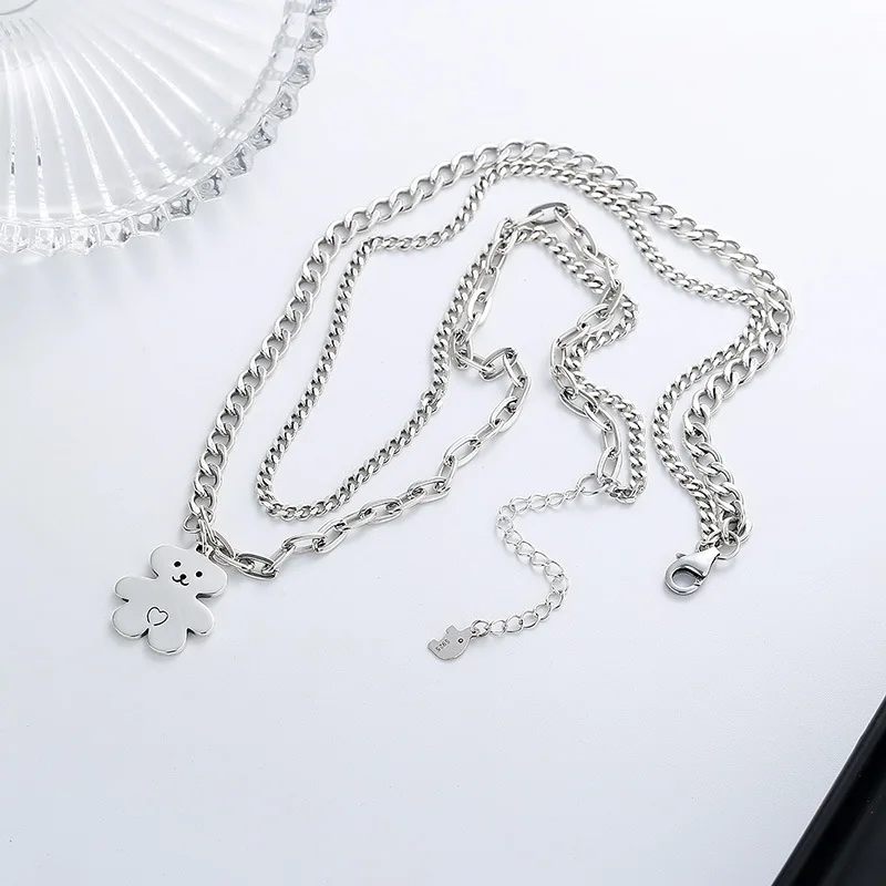 Wholesale Unique Design Fashion Silver Tone Jewelry Sterling Silver Two Layers S925 925 Sterling Silver Bear Pendant Necklace