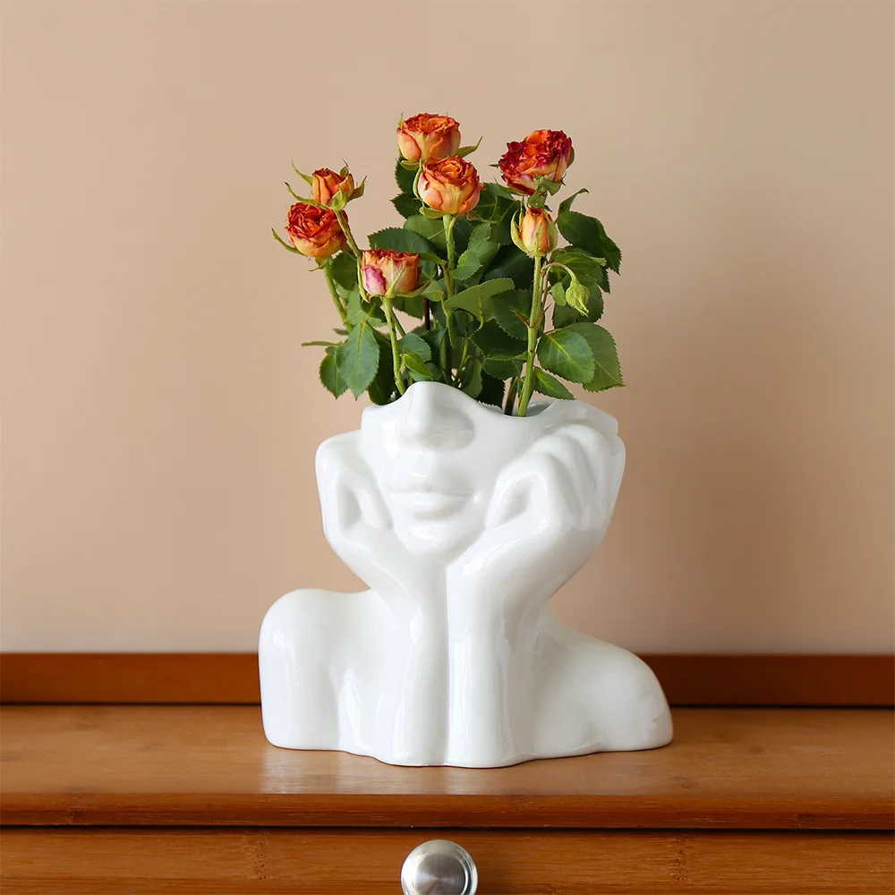 Nordic creative living room decor women's face body flower arrangement art white ceramic vase