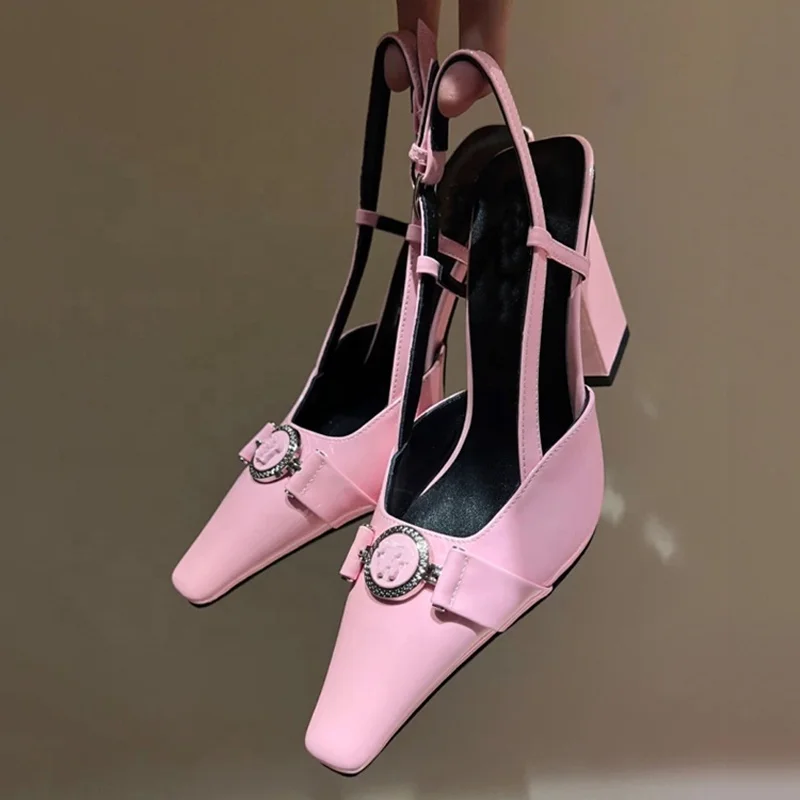 Large Size 46 Ankle Buckles Women Metal Ornaments Pumps High Chunky Heels Sandals Ladies Summer Patent Leather Dress Shoes