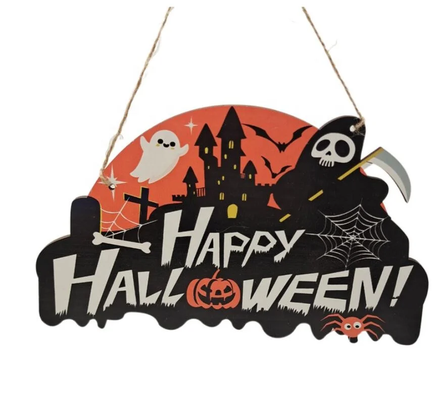 Halloween wood pumpkin skeleton spider bat party scene decor pendant