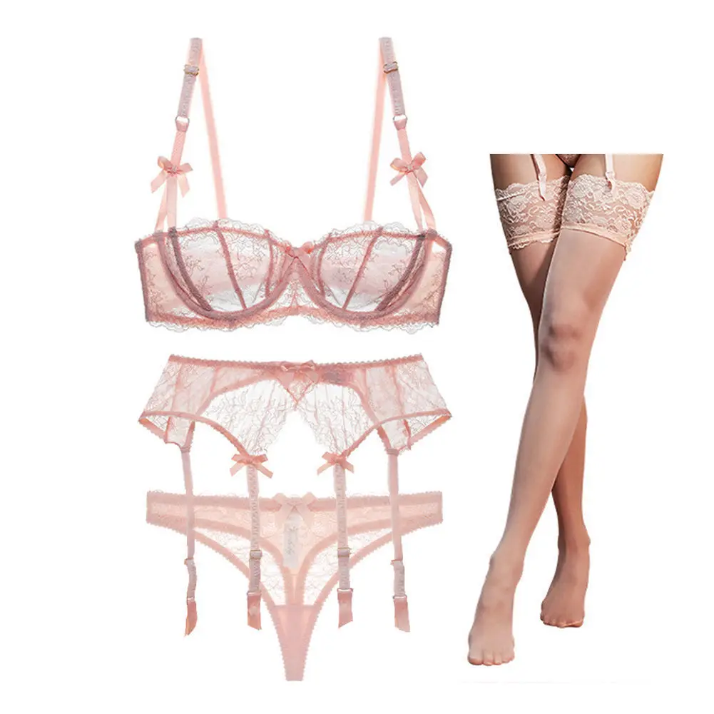 lace transparent unlined half cup bra sets bra+panties+garters+stockings 4 pcs sexy lingerie set
