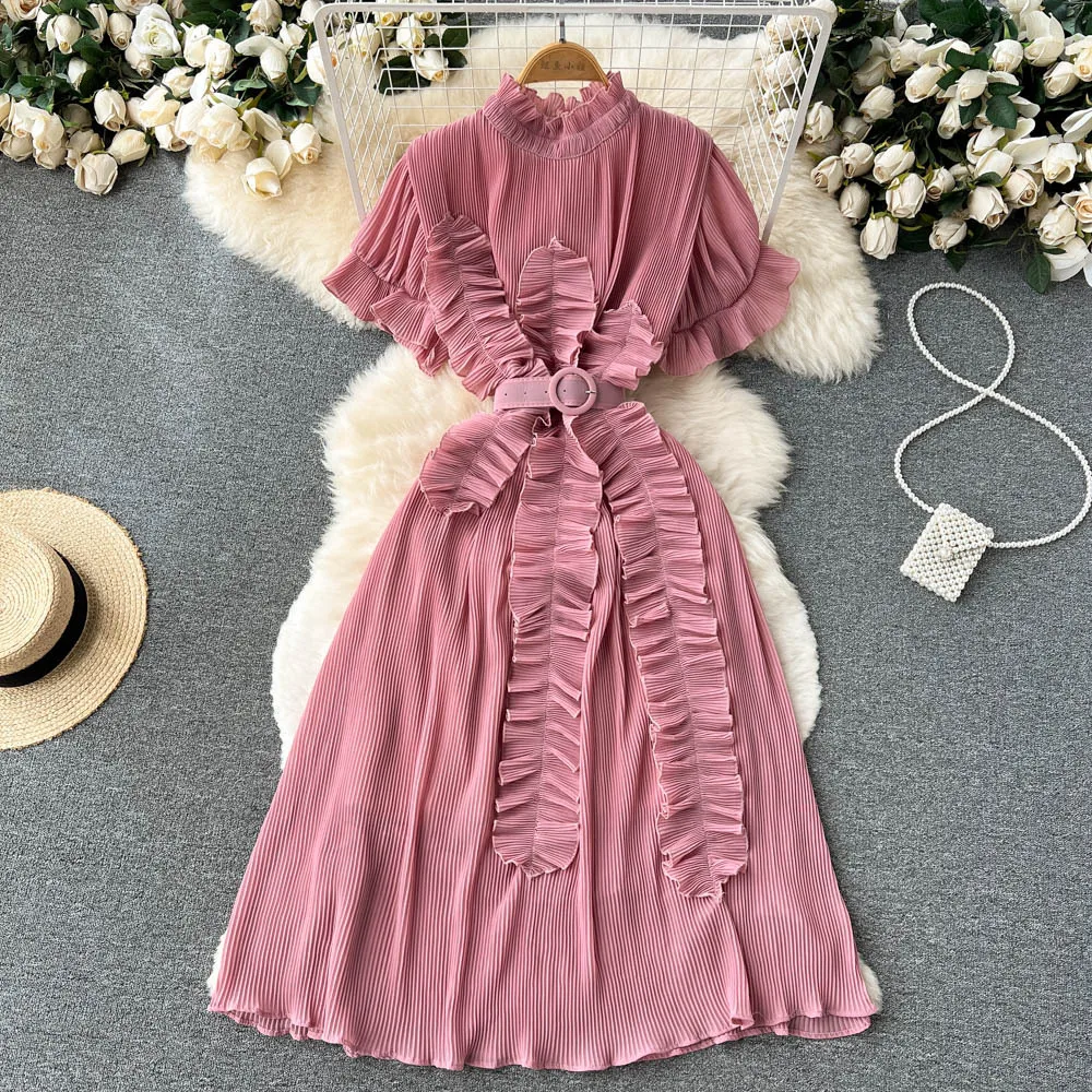 Wholesale Summer 8 Colors Woman Clothing Ladies Elegant Pleated Short Sleeve Midi Dress With Belt