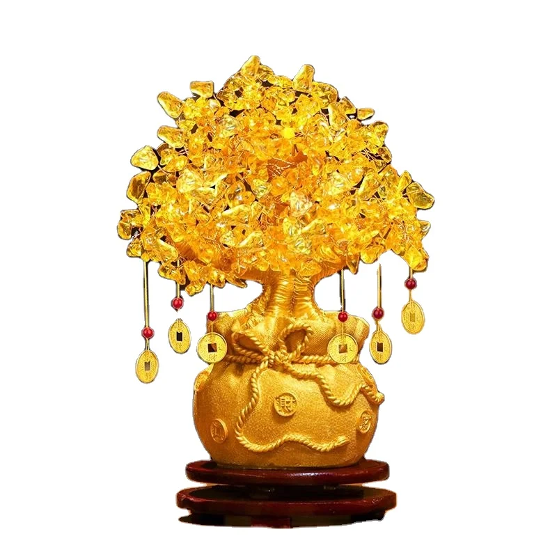 2023 Traditional  Feng Shui Money Tree With Coin And wooden Base Resin Lucky Tree Mascot Home Decorations Crystal Quartz Fortune