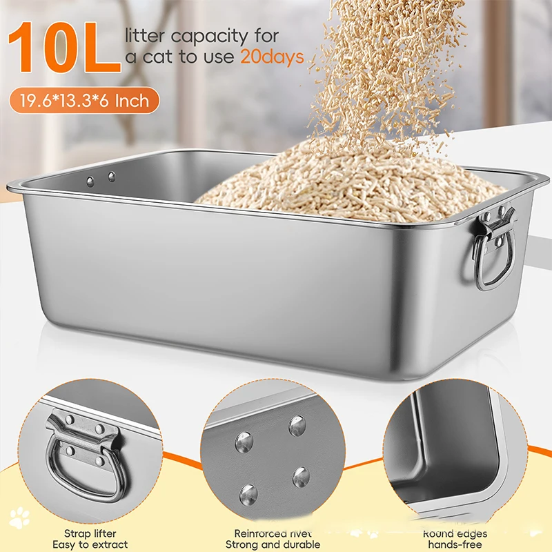 Extra Large Metal Litter Box High Sided Easy Clean  Anti-Leakage  Non-Sticky OdorsStainless Steel Cat Litter Box with Lid