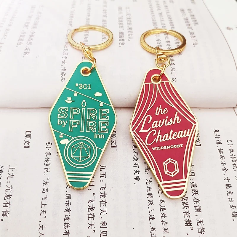 Custom Logo Retro Vintage Metal Enamel Hotel Room Keychains Promotional Key Tags and Carabiners with Personalized Logo