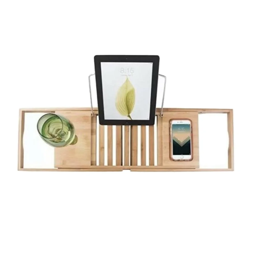 Luxury Bathtub Caddy Extendable Bamboo Wood Organizer Tray with Drinks Book Tablet &Phone