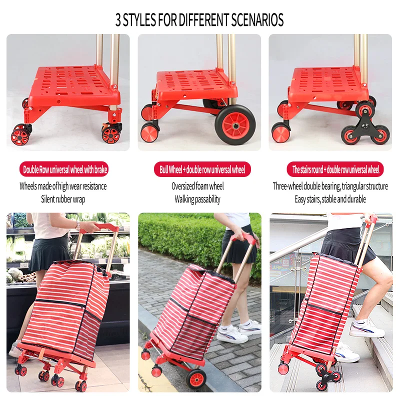 Custom Lightweight 4 wheel Medium Portable Shopping Cart Folding Grocery Utility Climb Stair Cart Shopping Bag Trolley Car