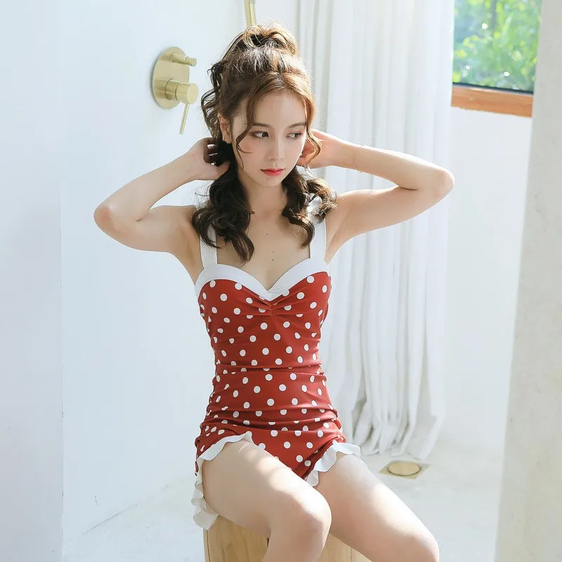Wide shoulder strap Korean belly slimming one-piece skirt-style underwire hot spring conservative push up swimsuit