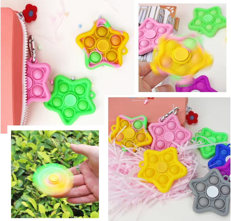 New Design Toys Five Stars Full Food Grade Silicone Push Pop Bubble Keychain Toy Fidget Spinner with Key Chain