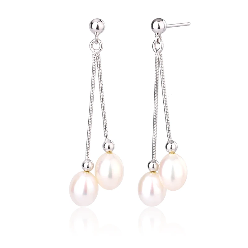 Wholesale Earrings Jewelry Double Headed S925 Sterling Silver 7-7.5mm Long Tassel Pearl Stud Earrings Minimalist Pearl Earrings