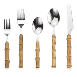 Snyno 100% Natural Bamboo Handle Flatware Set 304 Stainless Steel Spoon Fork Knife Bamboo Handle Cutlery