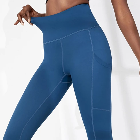 Low MOQ Women Solid Color Workout Leggings High Waist Pocket Leggings In Dark Blue Push Up Fitness Yoga Pants