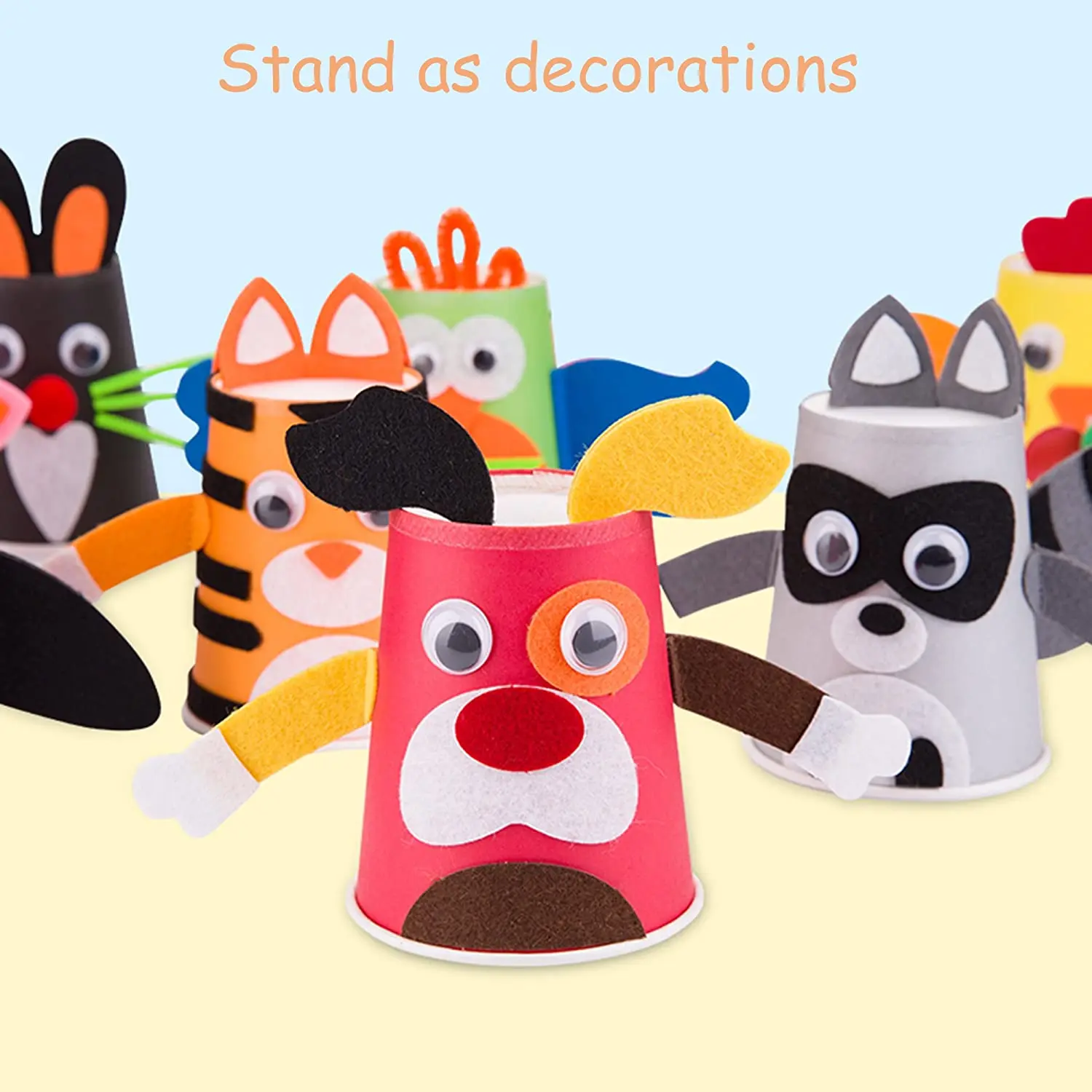 
crafts supplies beginner kids DIY self-adhesive felt sheets assorted cute funny lively shapes decorative paper cups 