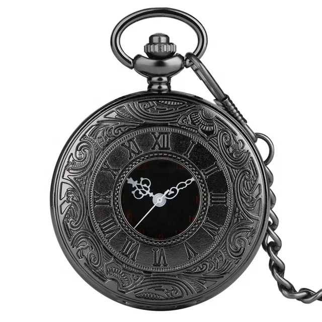 Vintage Necklace Gift Watch Black Roman Numerals Hollow Men Women Pendant Quartz Pocket Watch