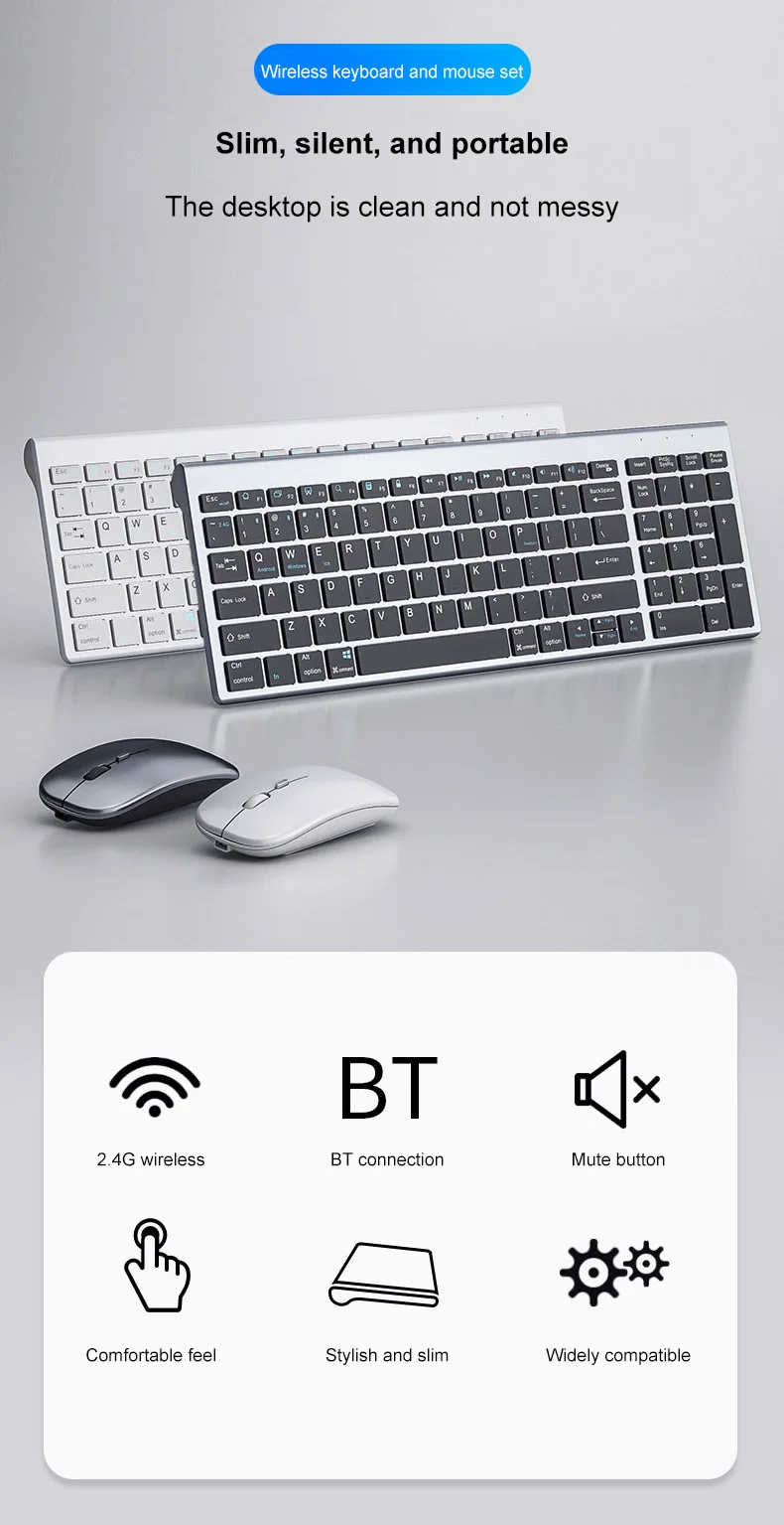 Utra Thin BT keyboard Set Aluminium Alloy Multi Device Wireless Rechargeable Keyboard Mouse Combo