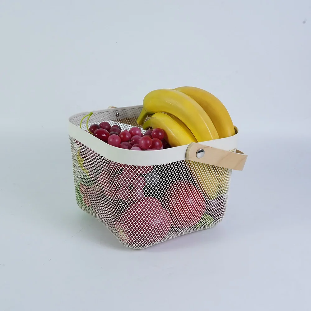 Hot selling metal white household fruit and vegetable storage basket with a wood handle