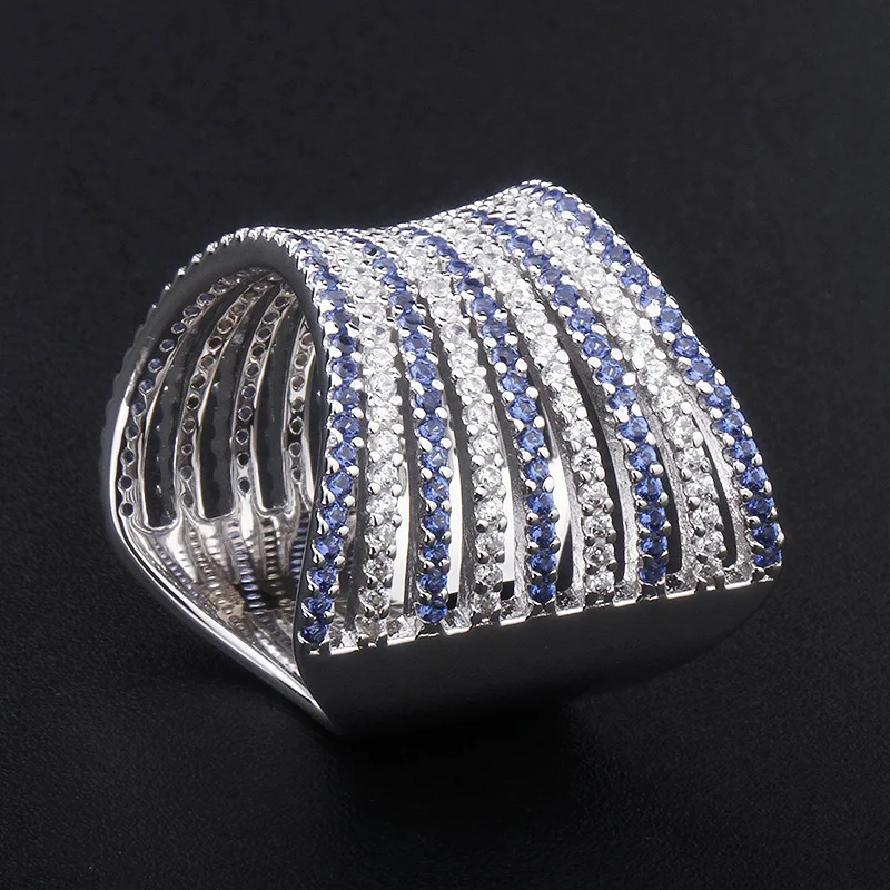 2023 new arrivals s925 luxury women jewellery cubic zircon big 18k gold ring designs for girls with blue stone real silver 925