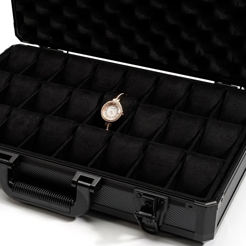 Aluminum alloy 24 slots bits watches case portable carbon fiber display packaging waterproof dust-proof storage carrying box