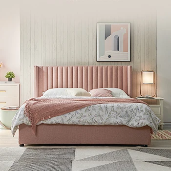 Modern Furniture Bedroom Foshan Box Italian pink velvet fabric slat royal queen upholstered king size bed