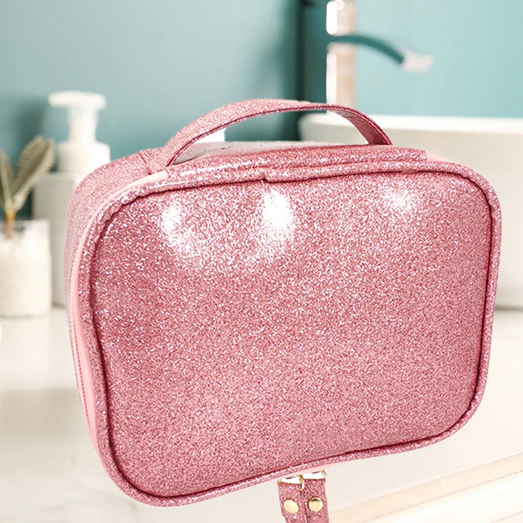 shiny glitter vintage cosmetic organizer pink PU leather makeup bags portable travel case wash pouch