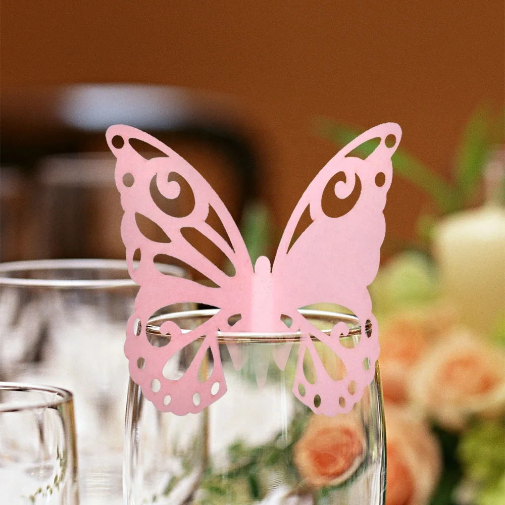 Butterfly Wine Glass Cards Name Place Cards Laser Cut Wine Cup Decoration Postcards Wedding Centerpieces Table Decoration (Pink)