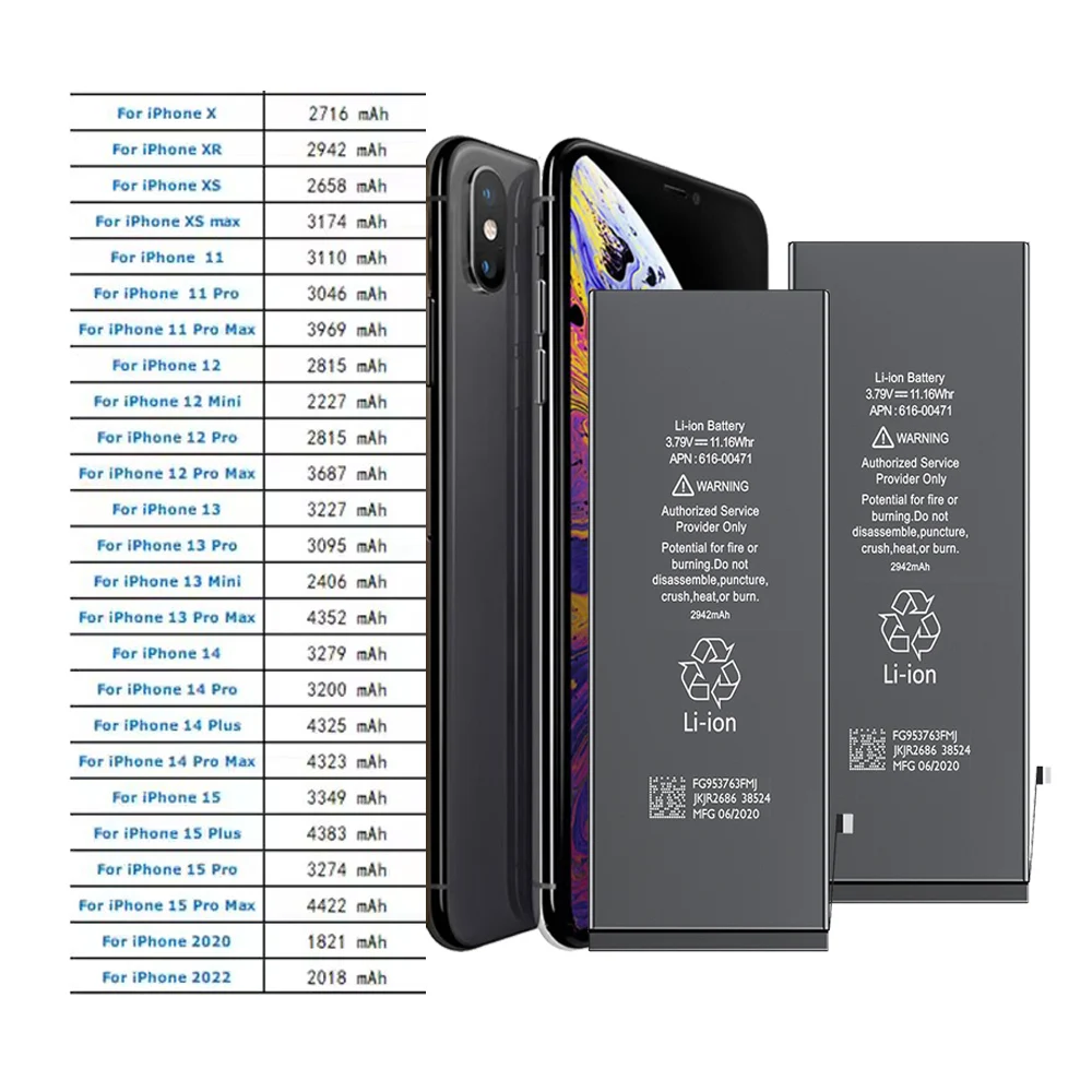 Oem factory wholesale battery batterie replacement for iPhone 11 12 13 14 15 Pro Max 16 xr xs 8 7 6s plus 1:1 brand new 0 cycle