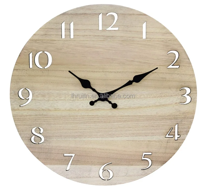 Modern Wood 14 Inch Round Battery Operated Hanging Wall Clock with Cut Out Numbers Natural Wood Base Wood Base